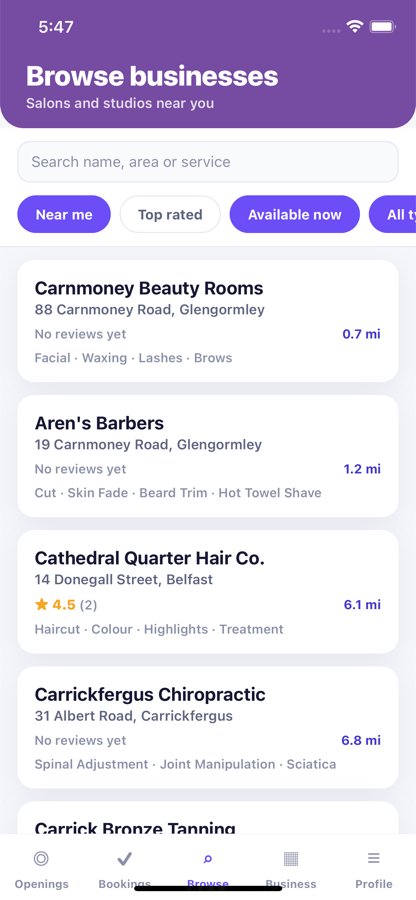 Businesses with appointments available now in the Fill Yer Books app