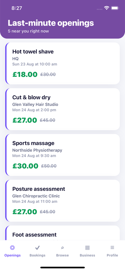 The Fill Yer Books app showing discounted last-minute appointments nearby